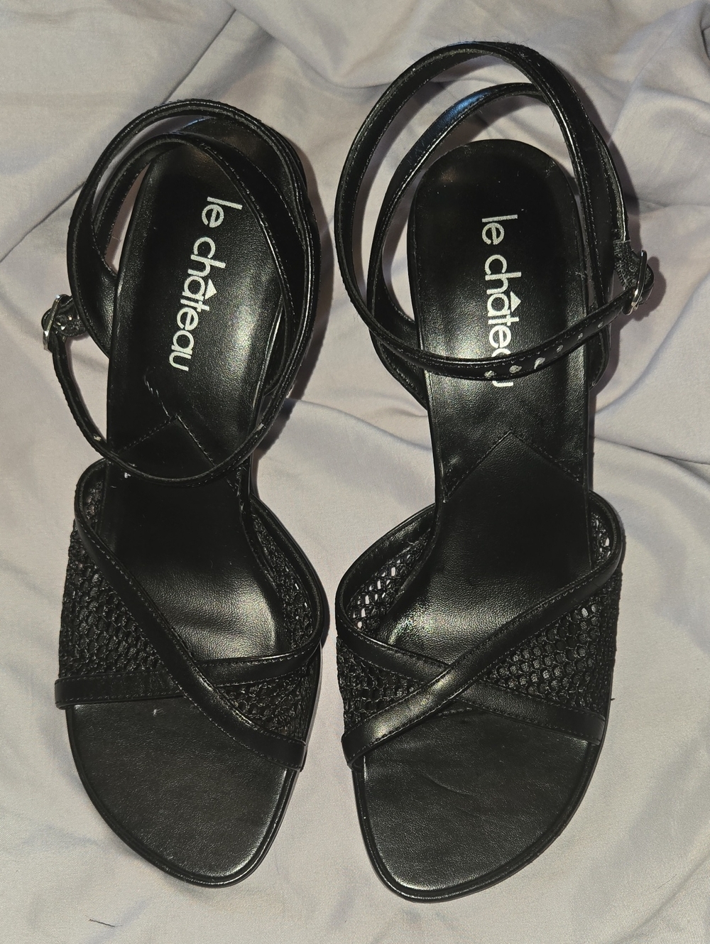 le chateau Black Woven Strappy Ankle-Heel Sandals